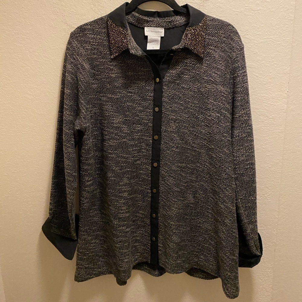 Soft Surroundings Black&Grey Marled Beaded Collar Tunic Sweater/Shacket Size XL